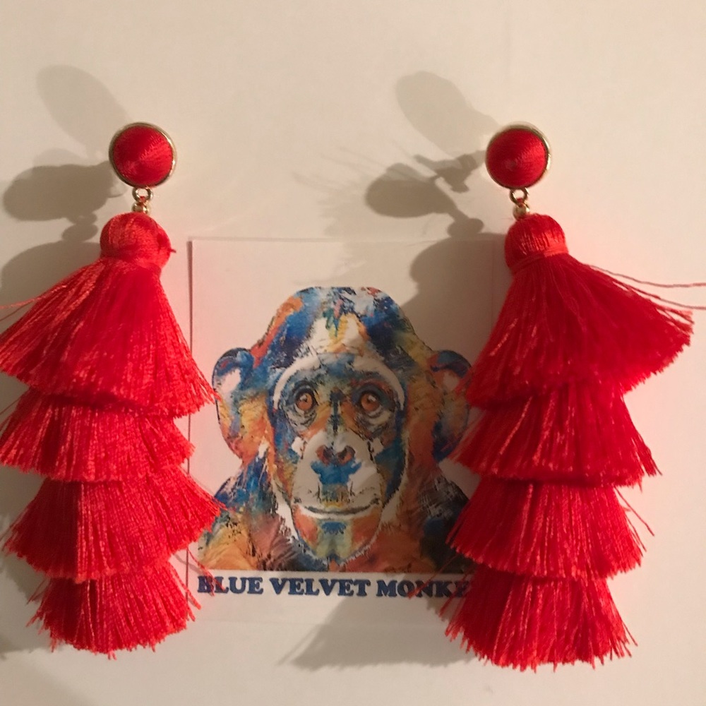 RED FRINGED MULTI-LAYERED EARRINGS - Picture 2 of 3